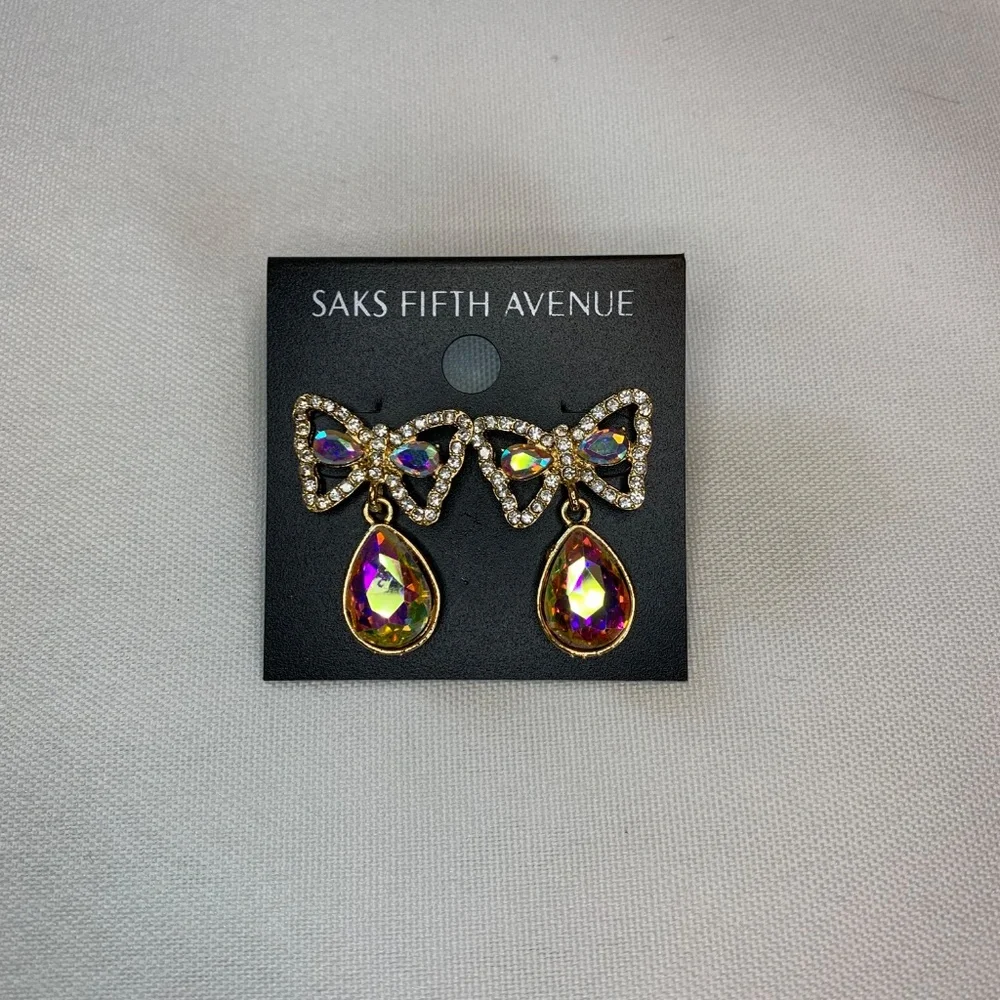 NWT Saks Fifth Avenue Brilliant AB Rhinestone Encrusted Pierced Dangle Earrings!